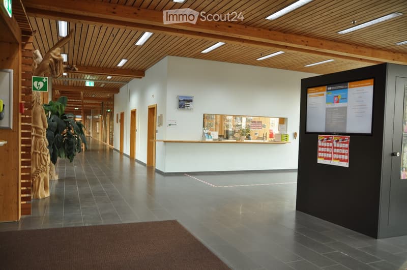 wooden ceiling, tiled floor, wooden doors, carpet, informational desk, plant, monitors