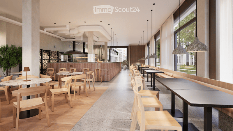 open dining area with large dining tables and chairs, counter with oven, wooden bar stools, wood floors, ceiling lights