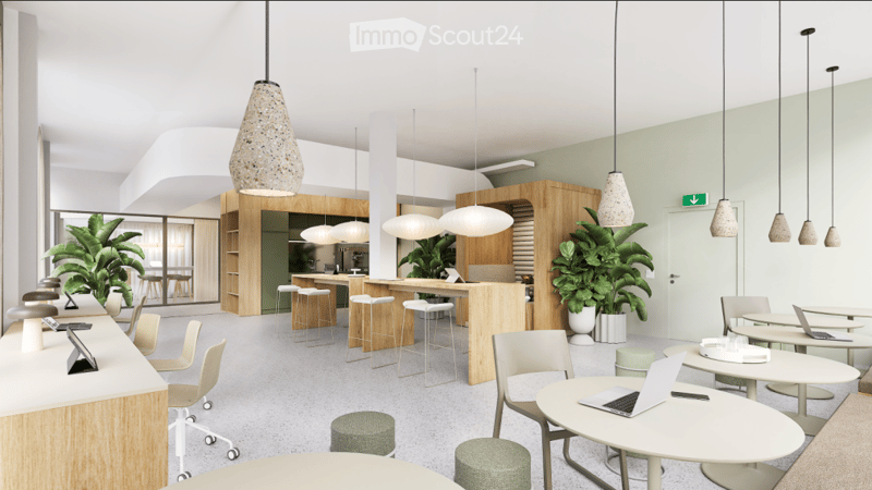 open seating area with bar, large windows, wooden counters, modern decor, indoor plants