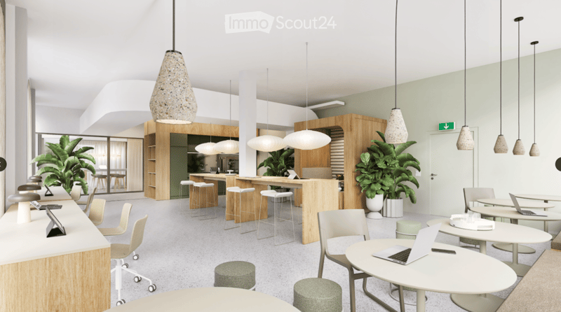 modern office, desks, laptops, plants, round tables, pendant lamps, white walls