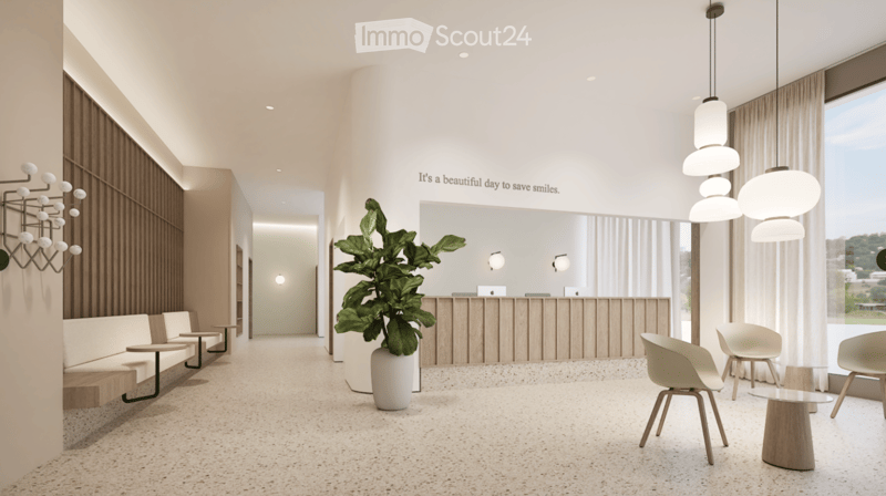 Reception room with reception desk, bench, side table, plant, chairs, lamps