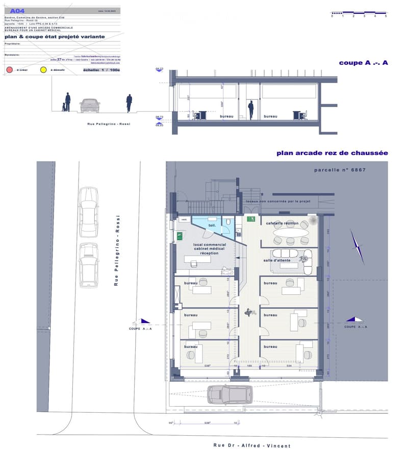 Layout of offices, medical cabinet, waiting areas, and meeting room