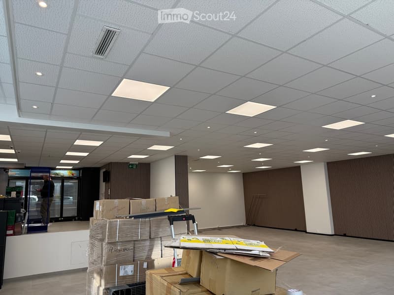 empty room, white ceiling, brown walls, boxes, ladder, man in the background