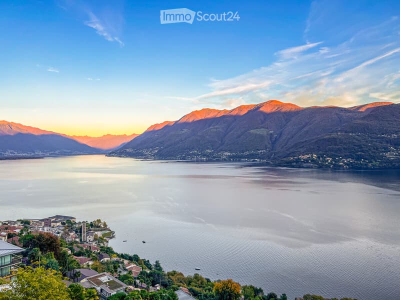 Lake with mountains and a village in the distance, clear sky