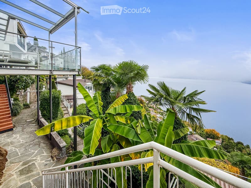 Balcony with glass railing, stone pathway, tropical plants, hillside, ocean view