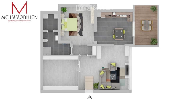 Open floor plan, living room, kitchen, bedroom, bathroom, terrace