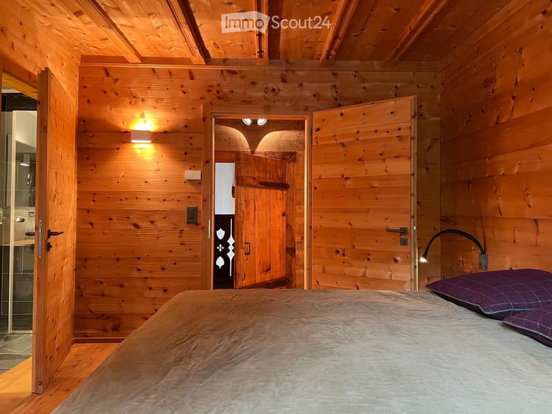 large bedroom, wooden walls, single bed, two purple pillows, bed head lamp, small hallway with light, bathroom in hallway with glass shower