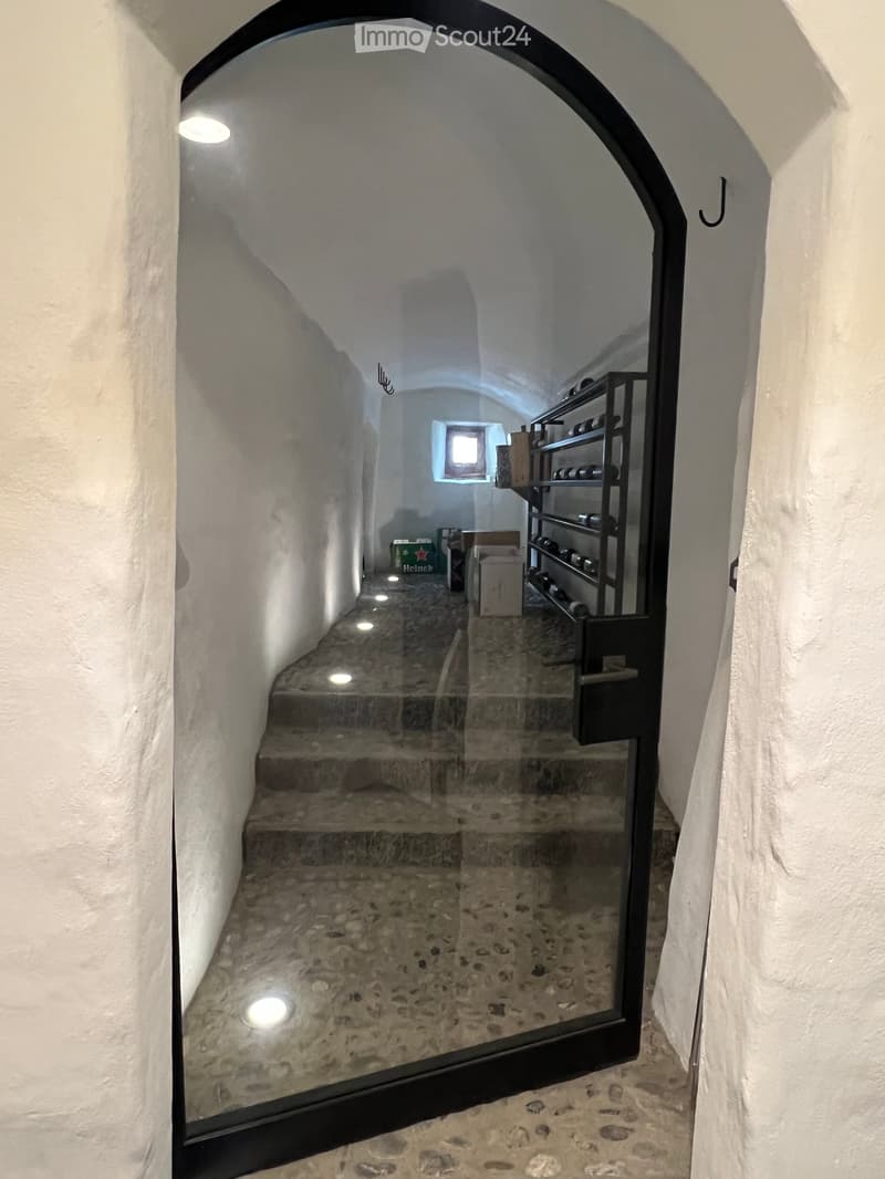 A cellar with steps leading down and a storage area with shelves