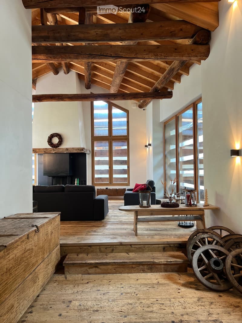 wooden ceiling, floor and couch, fireplace, large windows, large sofa, glass doors