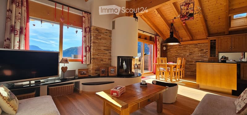 Modern interior with fireplace, wood ceiling, living room sofa, TV, coffee table, dining table, kitchen