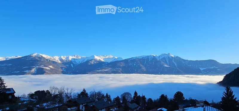 Mountain landscape with foggy valley, houses and trees.
