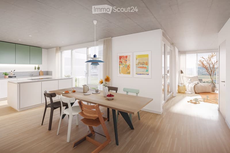 Furnished Room. Modern open-plan kitchen and dining area with a wooden dining table, chairs, kitchen cabinets, pendant lights, and a cozy seating area with a sofa and pillows.
