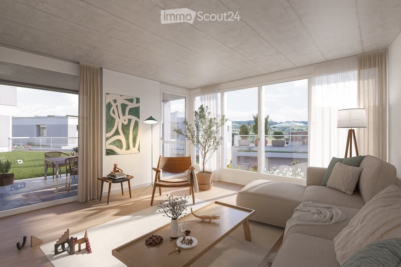 Living Room. Modern living room with large windows offering a scenic view, featuring a beige sectional sofa, wooden coffee table, dining area with chairs, and decorative items.