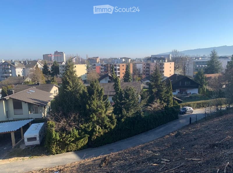 A neighborhood with multiple buildings, some with red roofs, large trees, a parked car, a road, and a distant mountain