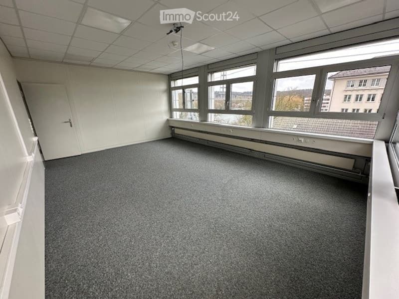 an empty room, gray carpet, white walls, white ceiling, windows, door