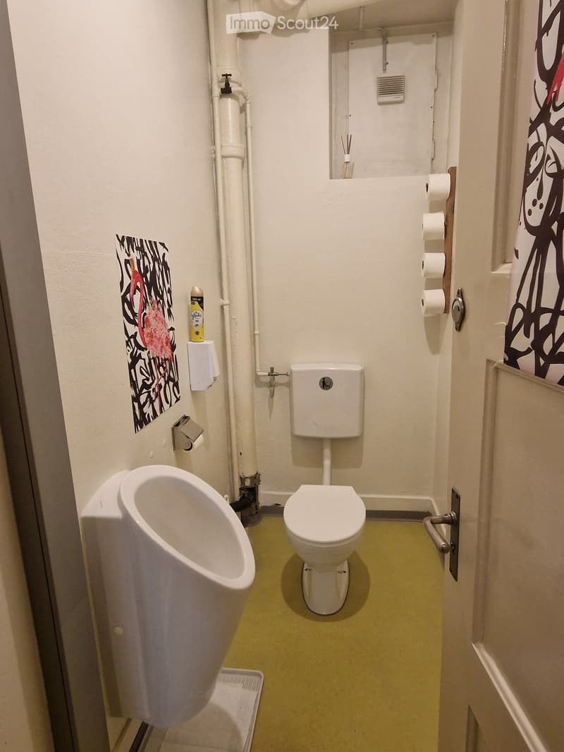 A compact bathroom, white walls, green floor, white toilet, urinal on the left wall, toilet paper holder on the right wall