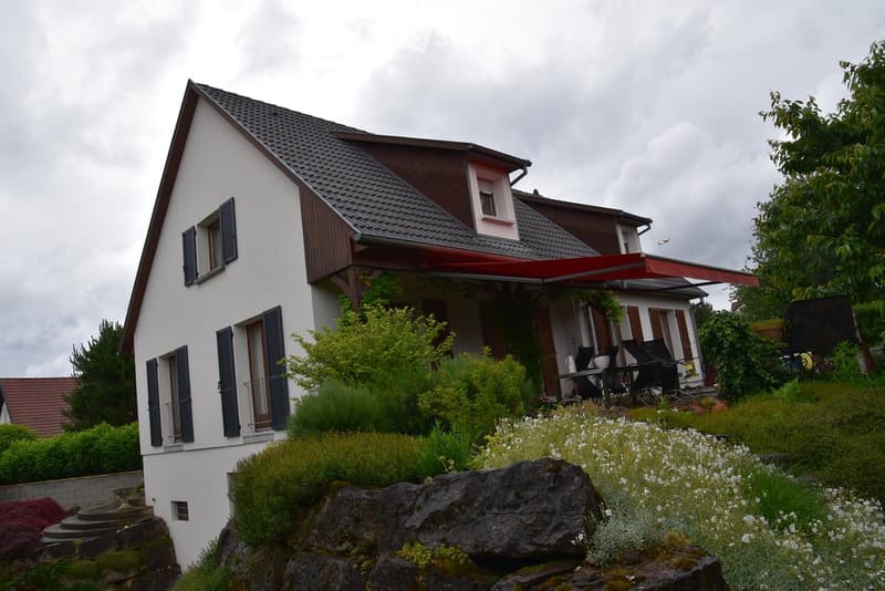 2 story house, white exterior, brown trim, terrace, garden, greenery