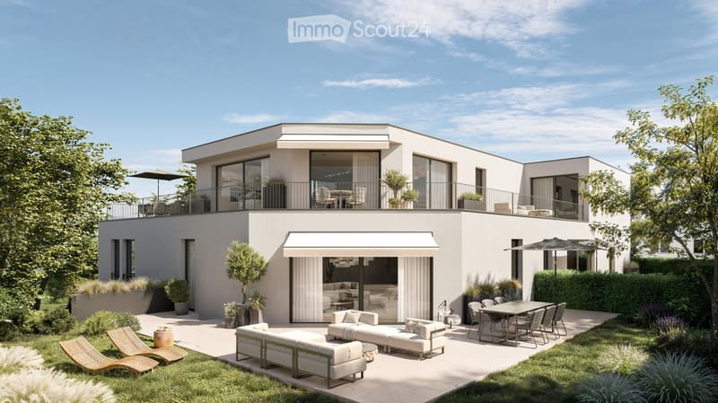 Modern two-story house, large balcony, modern living room, dining room, kitchen, 3 bedrooms, garden, patio with seating area, two couches, table, patio umbrella, potted plants