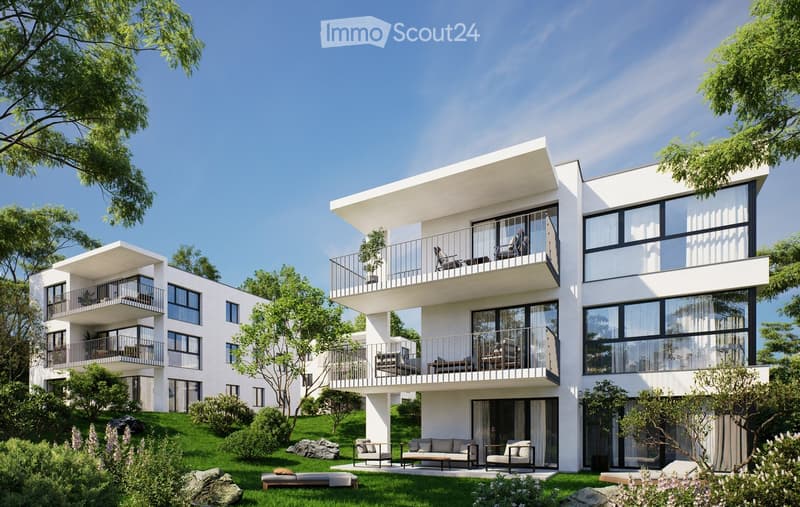 Modern 3-story white building, raised ground floor, large windows, multiple balconies