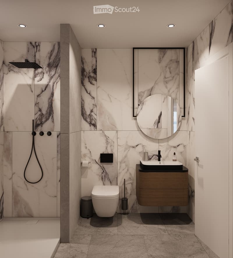 Modern bathroom with walk-in shower, toilet, sink, and marble tiled walls