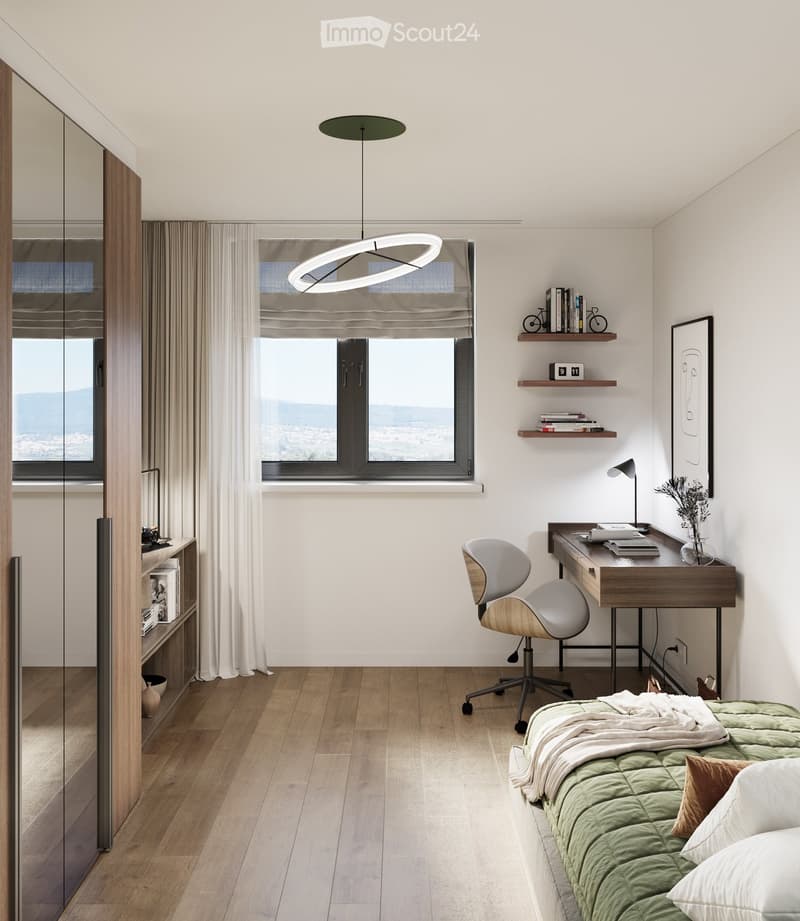 modern bedroom with wooden flooring, desk, chair, shelves, window with blinds, modern lighting