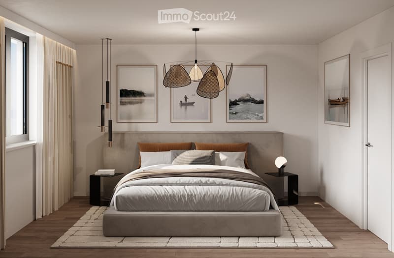 queen size bed, wooden floor, two nightstands, wall art, pendant lighting, window with curtains