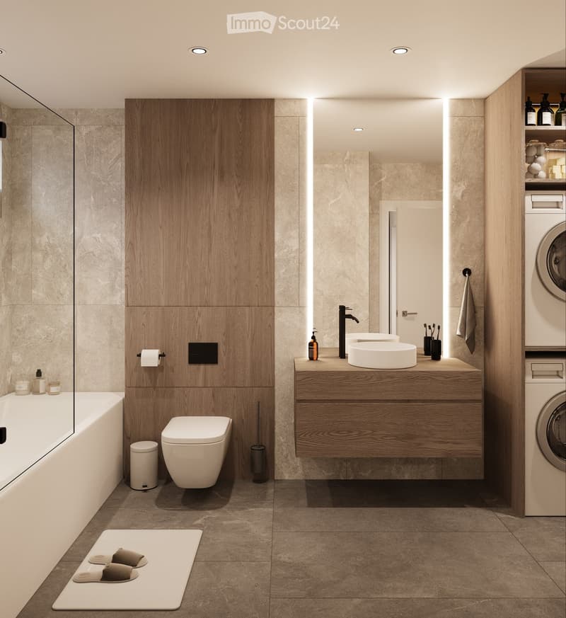 Bathroom: modern design, wooden paneling, marble tile, glass shower, toilet, sink, vanity, wooden cabinet, washing machine