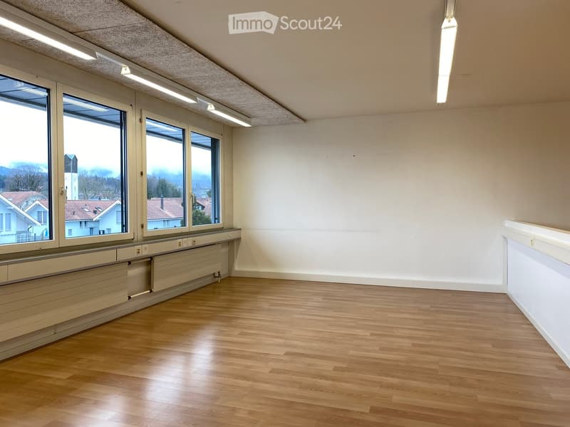 empty room, wooden floors, large windows, white walls, fluorescent lights