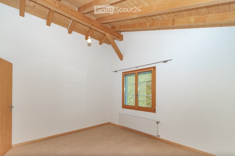 empty room, wooden ceiling, window, white walls, radiator, wooden door