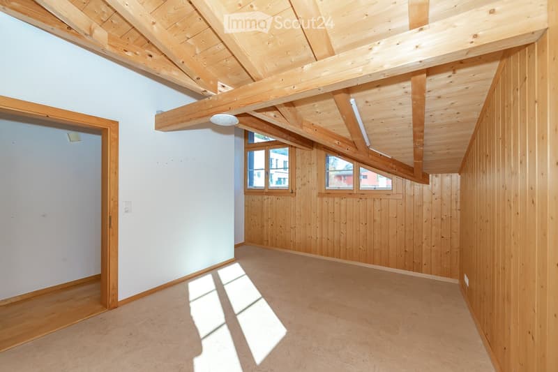 empty room with wooden ceiling, white walls, wooden floor, three windows
