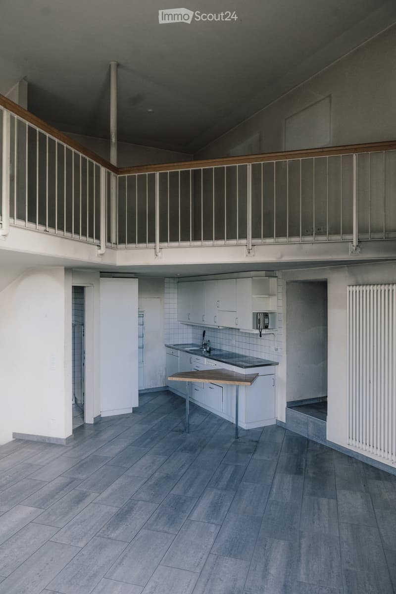 open kitchen, wooden floor, balcony, white cabinets, white tiles, radiator