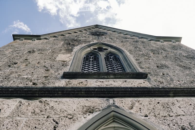 stone wall, arched window, arch entrance, circular window