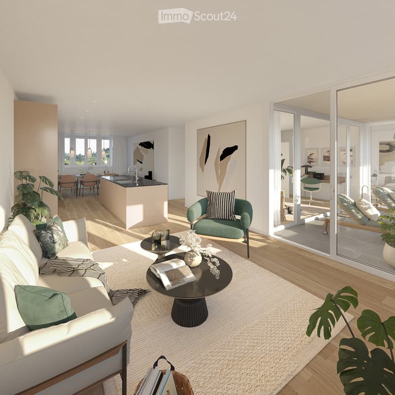 modern open concept living room with kitchen, balcony, sofa, chair, coffee table, rug, plants