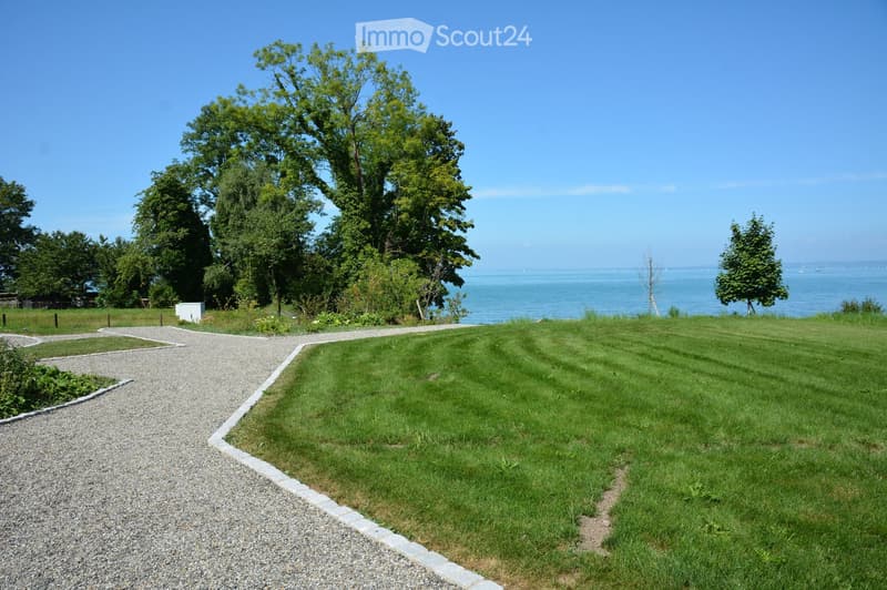 gravel pathway leading to the waterfront, lush green grass, sea view, few trees