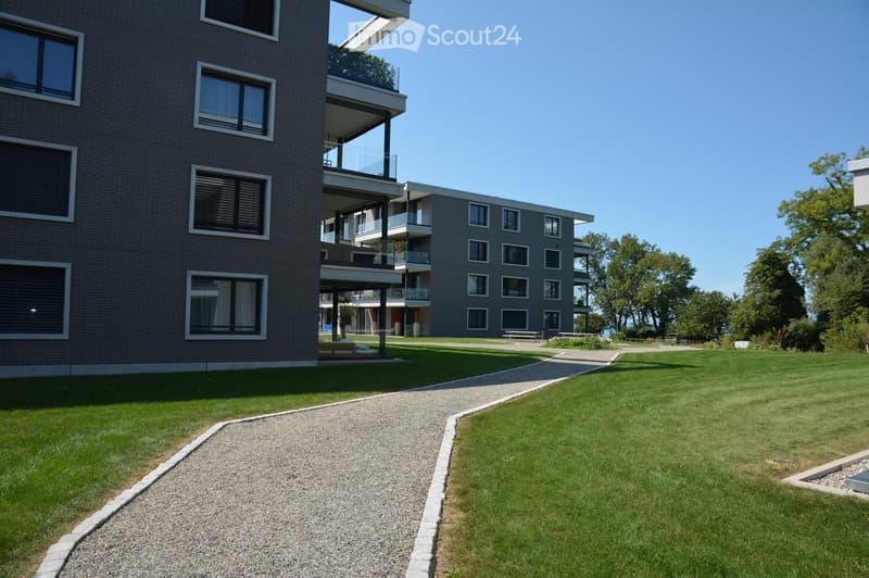 modern apartment building, gray brick, windows with blinds, paved walkway, grassy lawn, balconies on higher floors