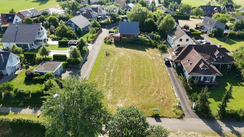 Residential houses with gardens, located in a neighborhood with paved roads and grass.