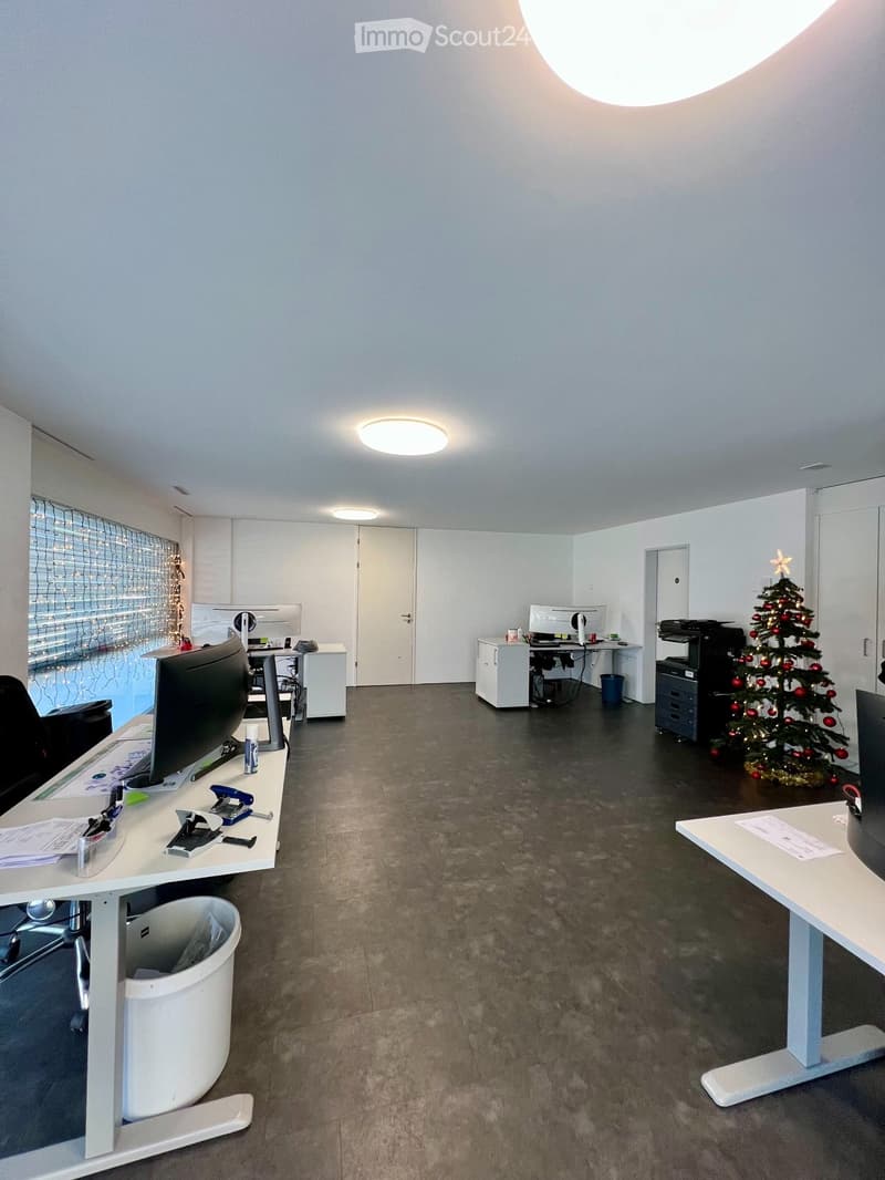 A modern office space with white walls, tile flooring, ceiling lights, a Christmas tree, and an office setup.