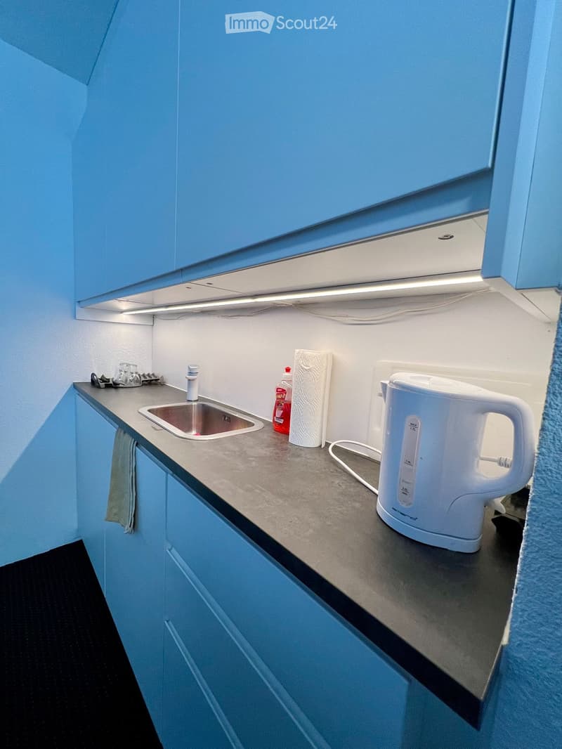 compact kitchen with sink, electrical kettle, tissue, dish rack, blue cabinets