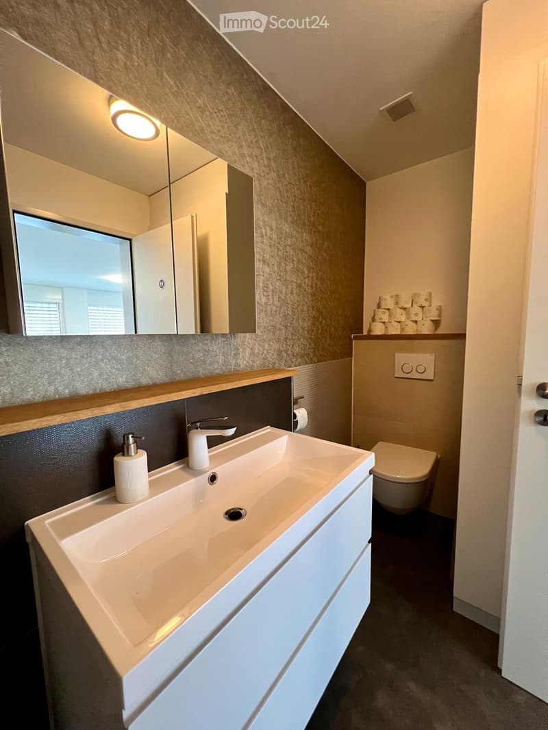 modern bathroom with white vanity, sink, white toilet, mirror, white walls, wooden border around vanity, toilet paper holder, soap dispenser, faucet