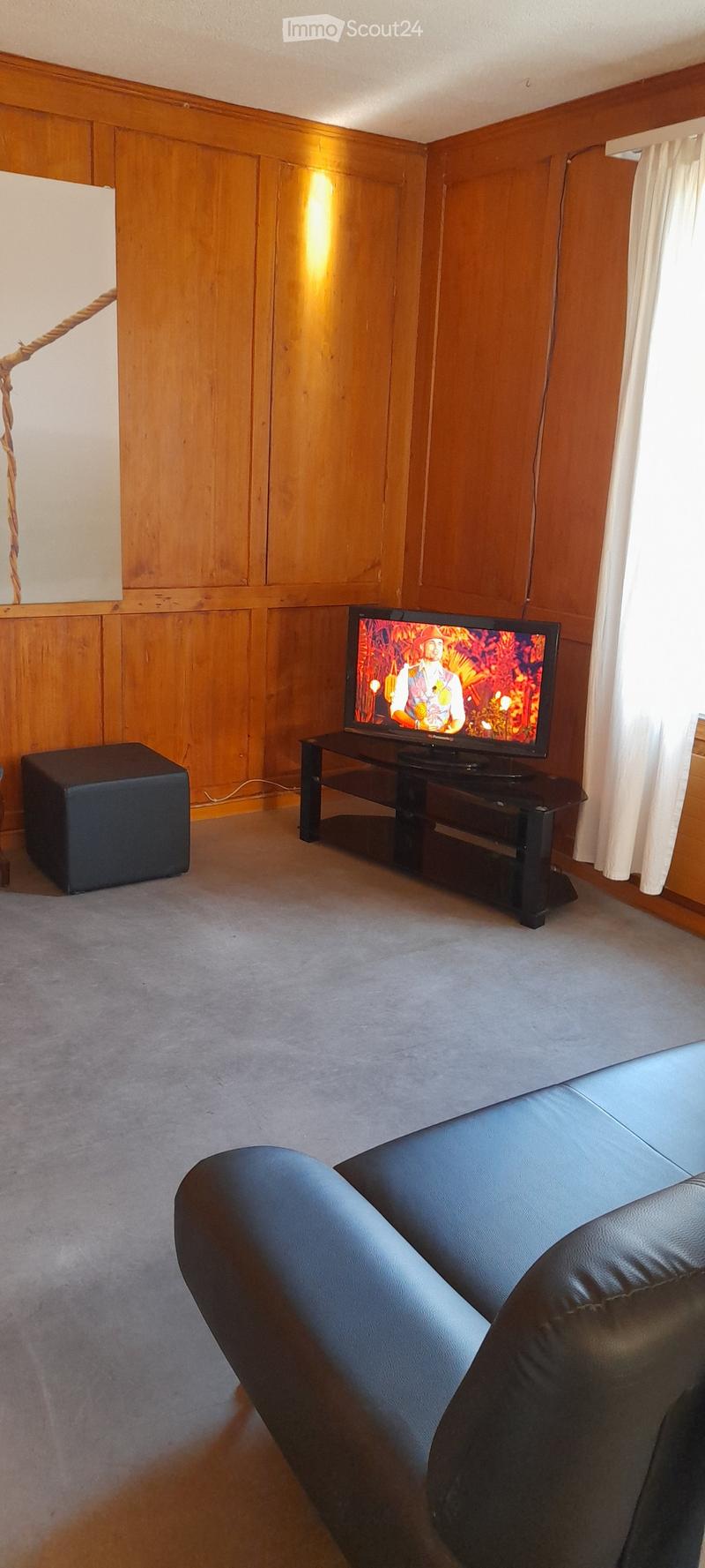 The image shows a cozy living room with wooden paneled walls, a television stand with a TV, and a black leather sofa. There appears to be a fireplace visible in the room, which adds to the warm and inviting atmosphere.