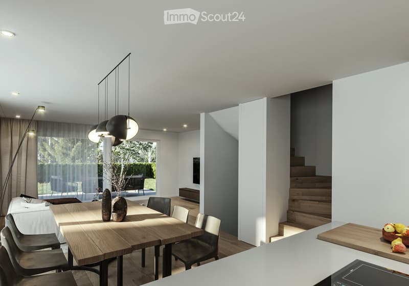 Dining room with wooden table and chairs, glass sliding doors to patio, pendant lights, white modern kitchen, grey walls, modern decor