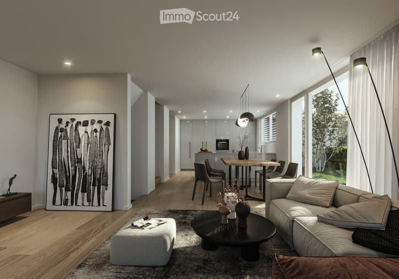 modern living room with wooden floor, large windows, dining table, white cabinets, open kitchen with appliances
