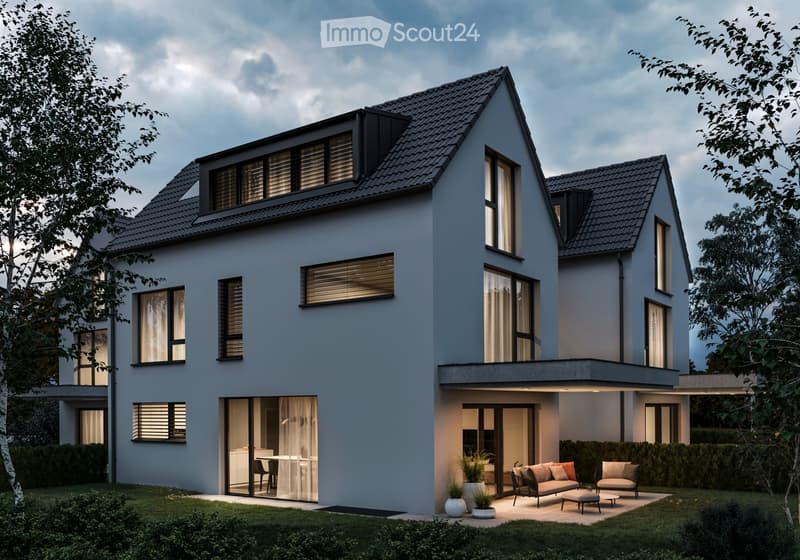 Two story house, modern architecture, large windows, gray exterior, gray roof, terrace, front garden, outdoor seating area, potted plants