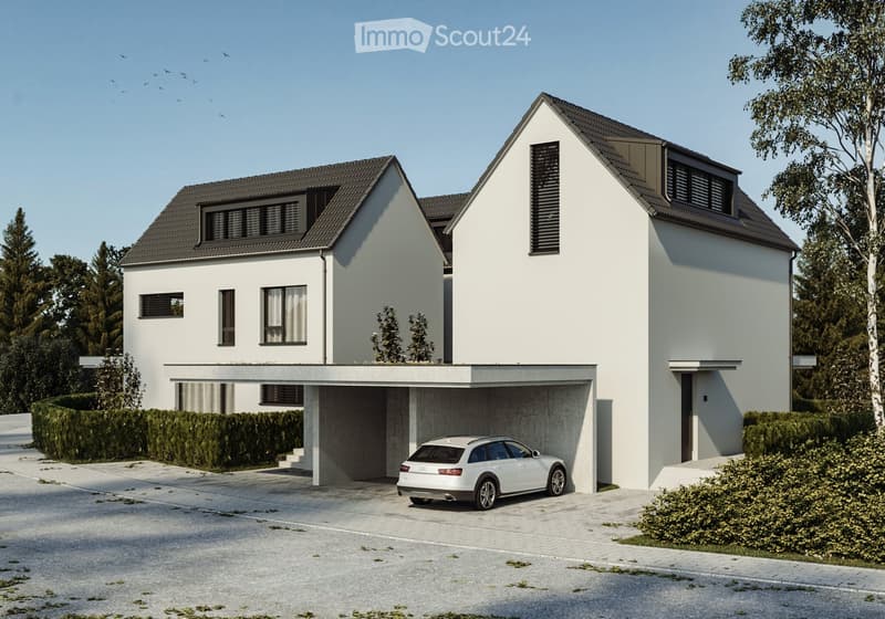 2 story house, white, grey roof, white garage, bush hedges, Audi vehicle