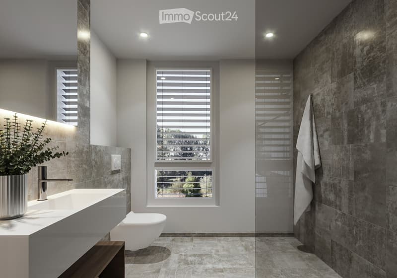 modern design, single toilet, shower area, white fixtures, wooden cabinet, grey tiled walls, white countertop, plant