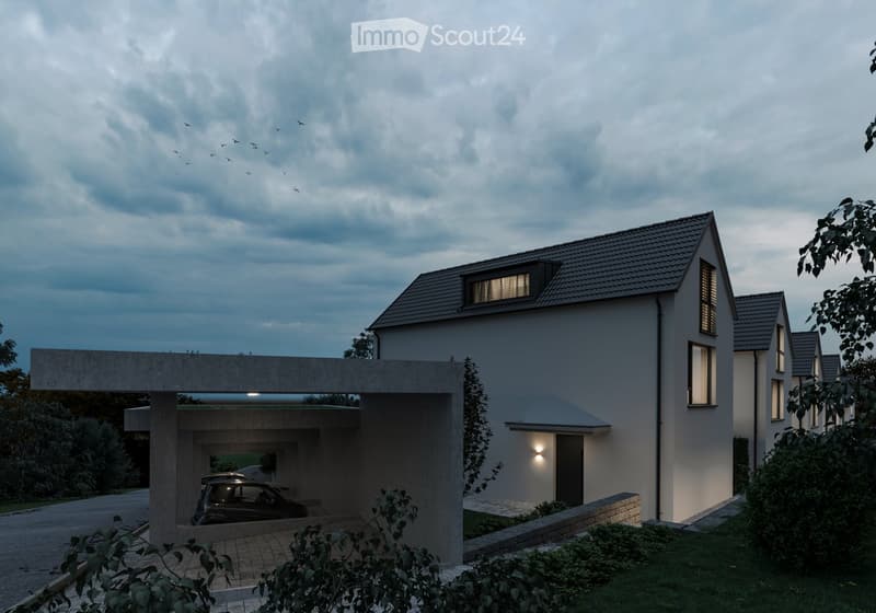 modern house with two stories, a car garage under the raised ground floor, a slate roof, glass windows, plants, and shrubs in front