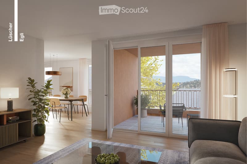 glass sliding doors to terrace, balcony view of mountains, wooden floor, potted plants, glass table, couch, lamp