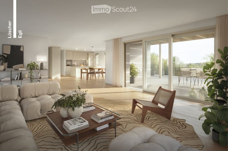 modern living room with large windows, sliding glass doors to balcony, wooden floor, beige sofa, coffee table, armchair, plants, artwork