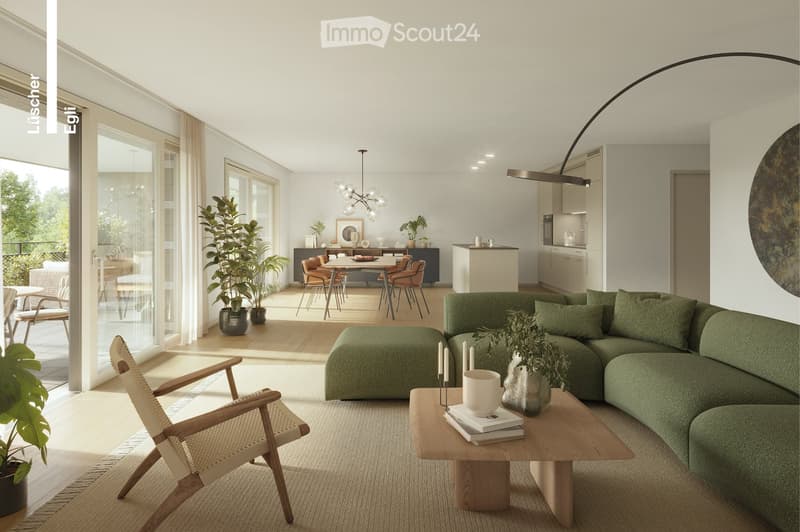 modern living room with green sofa, wooden coffee table, wooden chair, carpet, glass doors, balcony, dining table, plants, chandelier