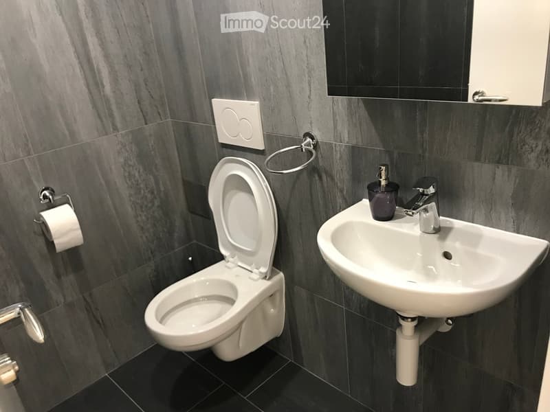 modern bathroom, white sink, gray tiles, white toilet